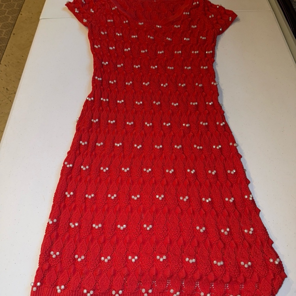 Yoana Baraschi Red Pointelle Knit Faux Pearl Embellished Dress 9K03 Short Sleeve